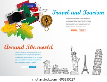 3D vector on the theme of travel. Preparing for your journey. Outfit of modern traveler Top view