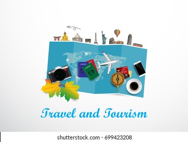 3D vector on the theme of travel , concept travel and tourism and  Preparing for your journey. Outfit of modern traveler Top view