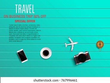 3D vector on the theme of travel , vacation, adventure. Preparing for your journey. Outfit of modern traveler Top view