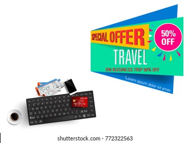 3D vector on the theme of travel , vacation, adventure. Preparing for your journey. Outfit of modern traveler Top view
