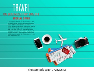 3D vector on the theme of travel , vacation, adventure. Preparing for your journey. Outfit of modern traveler Top view
