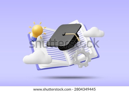 3d vector online education on open book with graduation cap mortarboard, creative idea light bulb, setting gear and clouds for school knowledge study (Non-AI: 3D Render Ref - Manual Vector)