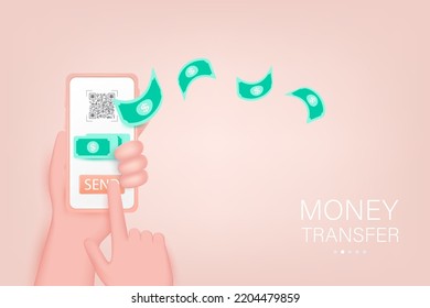 3d Vector Online Money Transfer Payment Concept.Money Transaction, Online Backing, Money Saving Concept. Send And Receive Money Via A Smartphone. 3d Vector Illustration.