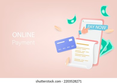 3d vector online payment concept. Bill of expenses on mobile phone app. Pay bills via mobile phone. Online shopping spending. Online shopping via smartphone. 3D Vector Illustration.