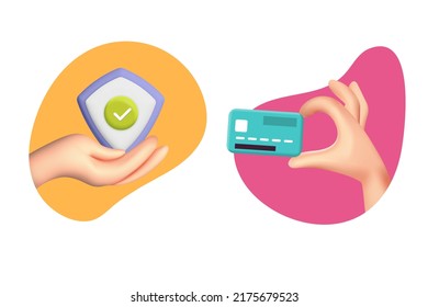 3d vector Online shopping and hand holding credit card  set icon. Abstract background. Online payment and money financial security,  business concept illustration.