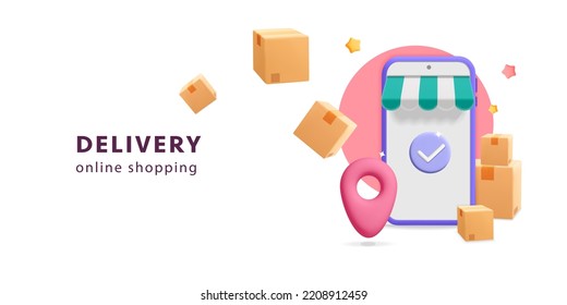 3d vector online shopping with phone on website and mobile app design poster. Smart business, digital marketing concept. Cartoon render phone with shop awning, flying delivery paper box, location pin.