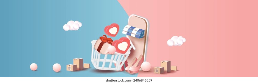 3d vector online shopping with phone using tags promotion or cash for future use. shopping online shop purchase retail store on e-commerce pink background
