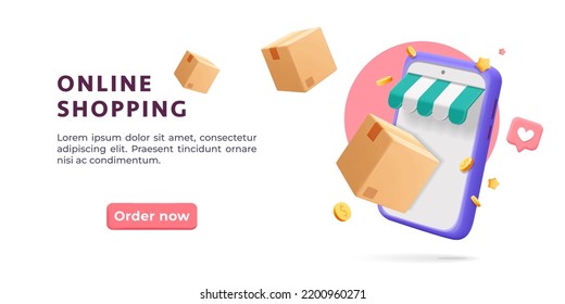 3d vector online shopping with smartphone on mobile app design banner. Smart business marketing concept. Cartoon render phone with shop awning, social media like, gold coins icons, flying delivery box