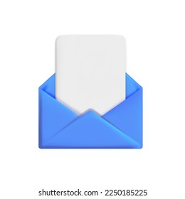 3d vector open blue email envelope with blank sheet of papers icons illustration. cartoon render template inbox envelope for notification message or subscription concept.