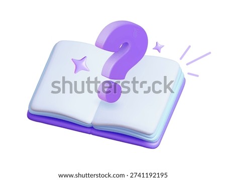 3d vector open book with floating question mark for education. Minimalist help symbol for magic faq support and learning web interface design.