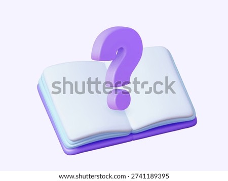 3d vector open book with question mark icon for education design. Minimalist textbook help symbol in digital lavender style for faq, online learning and support ui assets.
