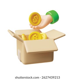 3d vector of open cardboard box with gold coins and hand. Donation and charity concept. Financial support for those in need. Isolated icon. Illustration. Rendering.
