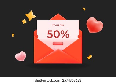 3d vector, Open envelope showcasing a 50% coupon with floating hearts and stars. Valentine's promotions, discounts, and special offers