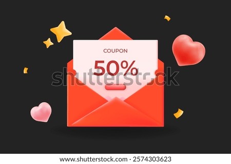 3d vector, Open envelope showcasing a 50% coupon with floating hearts and stars. Valentine's promotions, discounts, and special offers