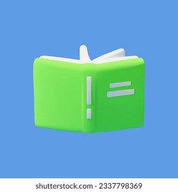 3d vector open green book icon isolated on blue background.