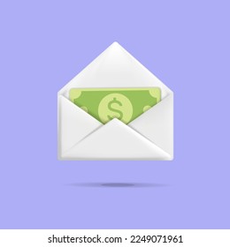 3d vector open white envelope with one dollar paper currency bill icon design illustration. Send, donate money online, by email, mail idea. Saving, earning, salary concept.