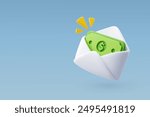 3d Vector Opened envelope with green banknotes, Salary, Dollar bills, Business financial investment concept. Eps 10 Vector.