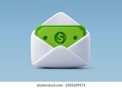 3d Vector Opened envelope with green banknotes, Salary, Dollar bills, Business financial investment concept. Eps 10 Vector.