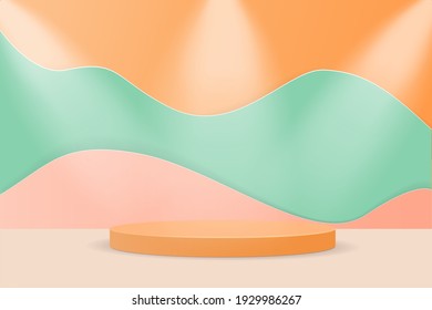 3d vector orange colour podium background with geometric pedestal on the floor. Platforms shapes for product presentation minimal Abstract composition design, showcase, copy space