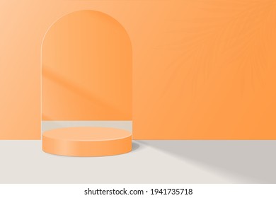 3d fondo de podio anaranjado vectorial con sombra de hoja peatonal geométrica en el suelo. Formas de plataformas para presentación de productos mínimo Diseño de composición abstracta, escaparate, espacio de copia