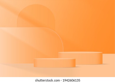 3d vector orange podium background with geometric pedestal shadow on the floor. Platforms shapes for product presentation minimal Abstract composition design, showcase, copy space