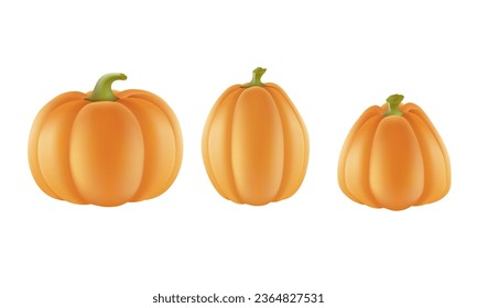 3D Vector of orange pumpkins isolated on a white background. Orange pumpkin, autumn vegetable. Autumn halloween pumpkin, vegetable graphic icon or print, 3D Ui icon isolated on white background