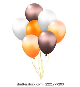 3d vector orange, white and bronze bunch of air balloons decorative element design. Cartoon render ballon for baby shower, Holiday greetings, luxury grand opening festive isolated on white background.