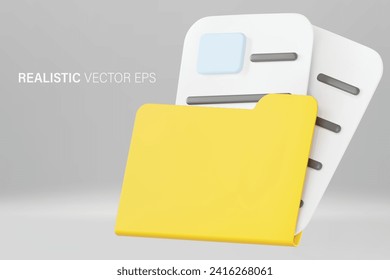 3D Vector Organize folder and paper document data, Document data folder with data files icon.