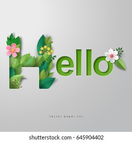 3d vector paper art. Letter H of paper flowers and leaves. Inscription Hello. 