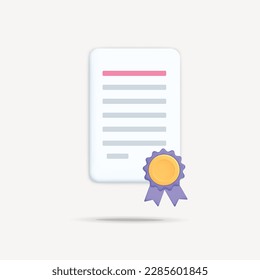 3d certificado de vectores o diploma de educación, símbolo de documento de licencia con sello de lazo de medalla. Icono de garantía de calidad o logro