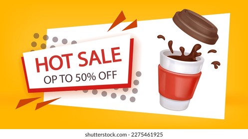 3d vector paper coffee cup with splash on discount banner. Template hot sale badge for advertising cafe or coffee shop.