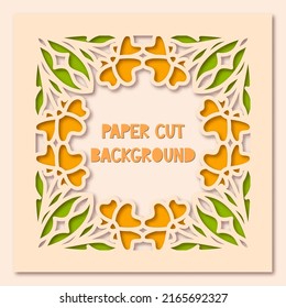 3d vector paper cut background. Сard with flowers in paper style with free space for text. Square banner for social networks, sale ads, congratulations.