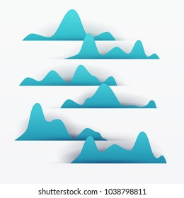 3d vector paper cut blue water waves. Cartoon art illustration in minimalistic craft carving style. Modern layout colorful concept for background cover, poster, card.