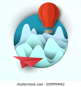 3d vector paper cut clouds, airplane and balloon. Cartoon art illustration in minimalistic craft carving style. Modern layout colorful concept for background cover, poster, card.
