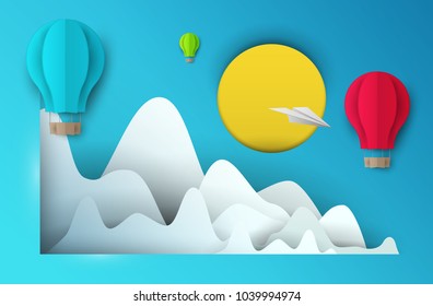 3d vector paper cut clouds with airplane and balloons . Cartoon art illustration in minimalistic craft carving style. Modern layout colorful concept for background cover, poster, card.