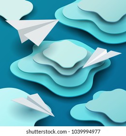 3d vector paper cut clouds with airplanes. Cartoon art illustration in minimalistic craft carving style. Modern layout colorful concept in isometric view for games.