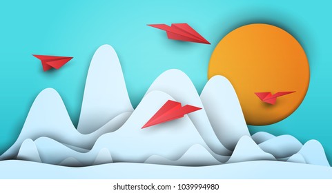 3d vector paper cut clouds with airplanes and sun. Cartoon art illustration in minimalistic craft carving style. Modern layout colorful concept for background cover, poster, card.