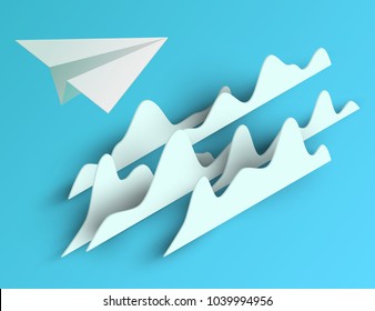 3d vector paper cut clous with airplane. Cartoon art illustration in minimalistic craft carving style. Modern layout concept background. Isometric view.