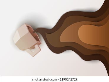 3d vector paper cut coffee composition with mug and beans. Cartoon art illustration in minimalistic craft carving style. Modern layout colorful concept for background banner, cover, poster, card.