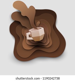 3d vector paper cut coffee composition with mug and beans. Cartoon art illustration in minimalistic craft carving style. Modern layout colorful concept for background banner, cover, poster, card.