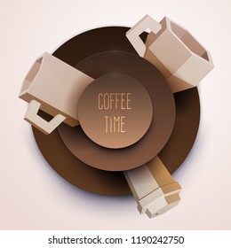3d vector paper cut coffee composition with mug and beans. Cartoon art illustration in minimalistic craft carving style. Modern layout colorful concept for background banner, cover, poster, card.
