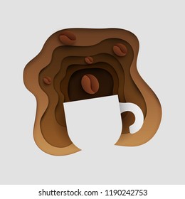 3d vector paper cut coffee composition with mug and beans. Cartoon art illustration in minimalistic craft carving style. Modern layout colorful concept for background banner, cover, poster, card.