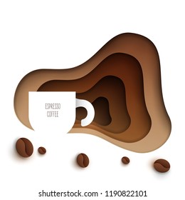 3d vector paper cut coffee composition with mug and beans. Cartoon art illustration in minimalistic craft carving style. Modern layout colorful concept for background banner, cover, poster, card.