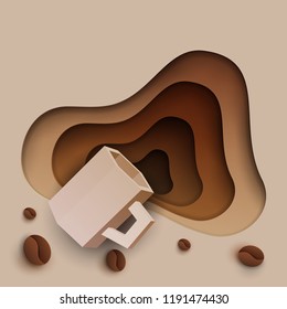 3d vector paper cut coffee composition with mug and beans. Cartoon art illustration in minimalistic craft carving style. Modern layout colorful concept for background banner, cover, poster, card.