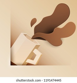 3d vector paper cut coffee composition with mug. Cartoon art illustration in minimalistic craft carving style. Modern layout colorful concept for background banner, cover, poster, card.