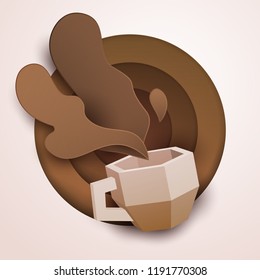 3d vector paper cut coffee composition with mug. Cartoon art illustration in minimalistic craft carving style. Modern layout colorful concept for background banner, cover, poster, card.