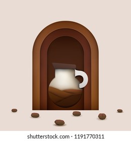 3d vector paper cut coffee composition with mug and beans. Cartoon art illustration in minimalistic craft carving style. Modern layout colorful concept for background banner, cover, poster, card.