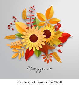3d vector paper cut design. Autumn leaves, flowers and berries. 