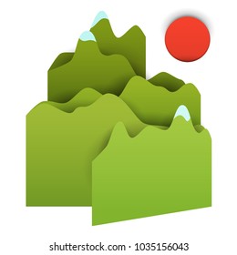 3d vector paper cut green mountain with red sun. Cartoon art illustration in minimalistic craft carving style. Modern layout colorful concept for background cover, poster, card.