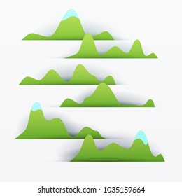 3d vector paper cut green mountain with snowy peaks. Cartoon art illustration in minimalistic craft carving style. Modern layout colorful concept for background cover, poster, card.